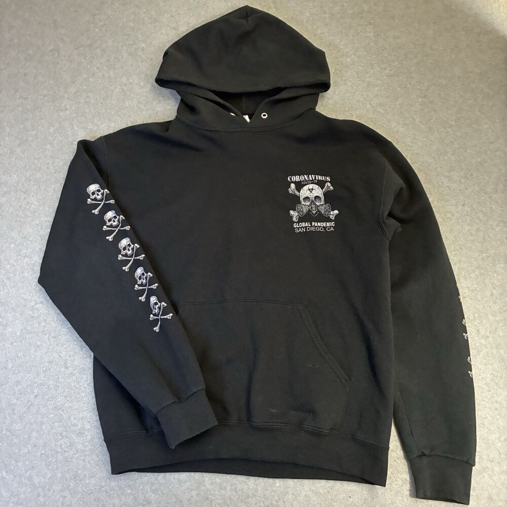 Coronavirus Global Pandemic Hoodie Men’s Medium Skull Graphic Black Pullover